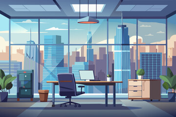 High-end modern office meeting room with floor-to-ceiling glass windows offering a panoramic city skyline view. The stylish interior features a large wooden conference table, contemporary leather chai