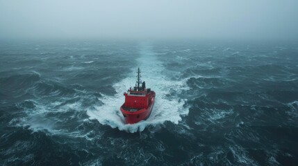 Naklejka premium Red tugboat in rough seas
