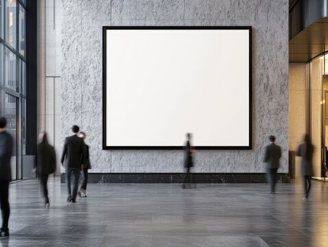 A large blank billboard hangs on a textured grey wall in a modern building's lobby, with blurred figures of businesspeople walking past