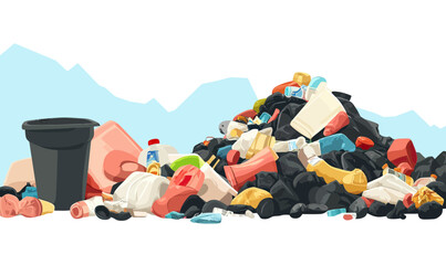 Large pile of mixed garbage and plastic waste heap with scattered trash bags and containers flat minimalist vector illustration for pollution and environment concept