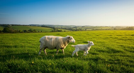 Obraz premium Sheep and lamb in a grassy field at sunrise