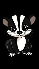 Obraz premium Cute cartoon baby skunk with big eyes sitting smiling on black background in flat minimalist vector style animal illustration
