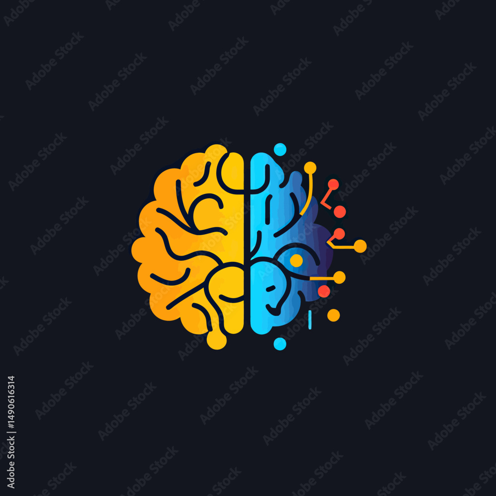 Poster creative digital brain logo with abstract neural network and circuit design representing technology 