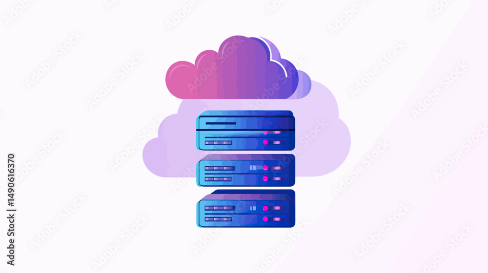 Poster cloud computing data servers with gradient purple cloud background digital storage technology concep