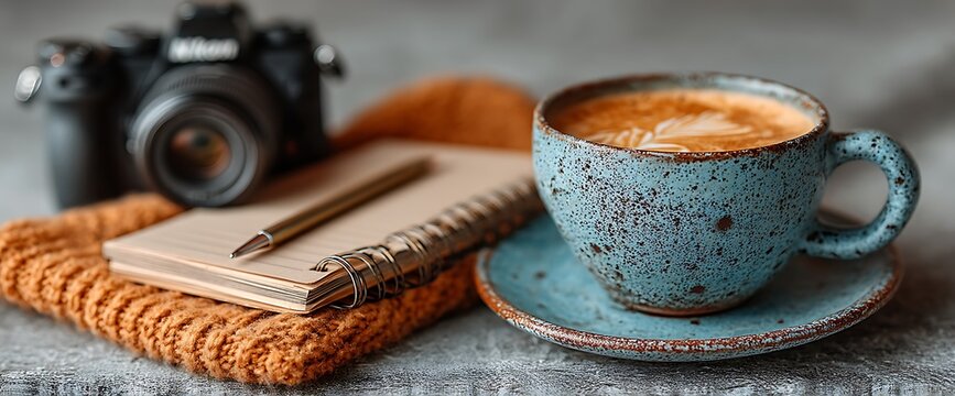 Cozy Coffee with Camera, and Notebook. - Powered by Adobe