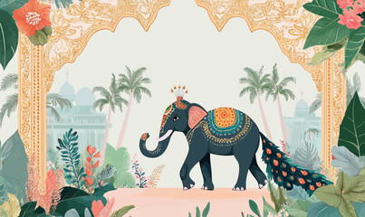 Decorative elephant with peacock tail and floral ornate arch frame in Mughal garden setting with palm trees and palace silhouette background vector illustration