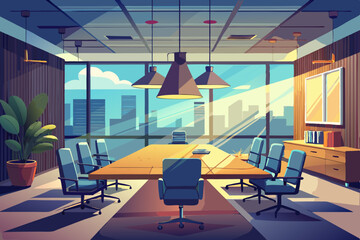 
High-end modern office meeting room with floor-to-ceiling glass windows offering a panoramic city skyline view. The stylish interior features a large wooden conference table, contemporary leather cha