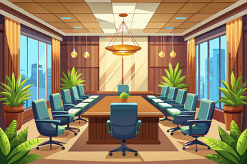 
High-end modern office meeting room with floor-to-ceiling glass windows offering a panoramic city skyline view. The stylish interior features a large wooden conference table, contemporary leather cha