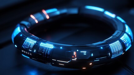 Futuristic luminous ring with digital pattern and intricate glowing technological details