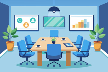 
High-end modern office meeting room with floor-to-ceiling glass windows offering a panoramic city skyline view. The stylish interior features a large wooden conference table, contemporary leather cha