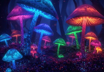 Fototapeta premium Glowing mushrooms in a colorful forest landscape