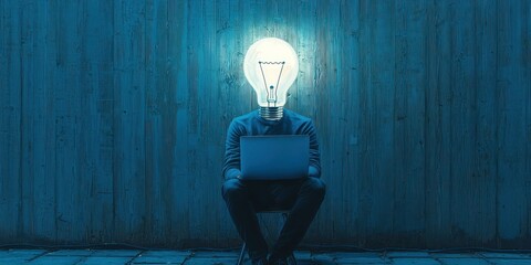 Surreal conceptual art of a person with a lightbulb head and blue laptop, representing AI Stock photo