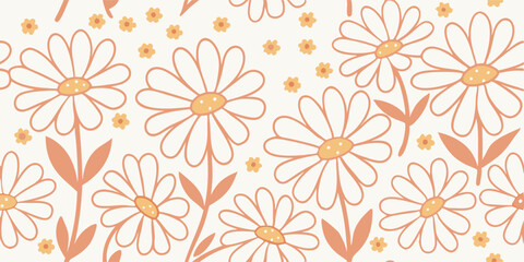 Seamless Pattern: Peach Daisy Flowers on White Background