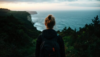 Fototapeta premium Woman gazing at ocean vista