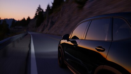 Obraz premium Black Luxury SUV Driving on Mountain Road at Dusk with Cinematic Lighting