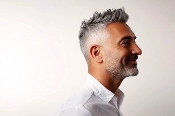 A proud and confident gentleman standing tall. Classy men's spiky hair haircut - midlife arabian man with short hair. Pure white solid background. Concept art of style for aging men.