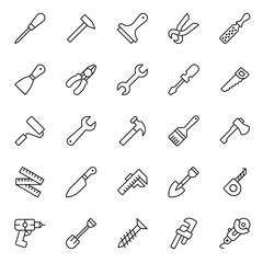 Assorted construction tools arranged in rows