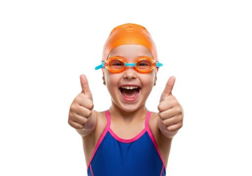 Young female swimmer raising arms in a joyful victory pose on a seamless white background