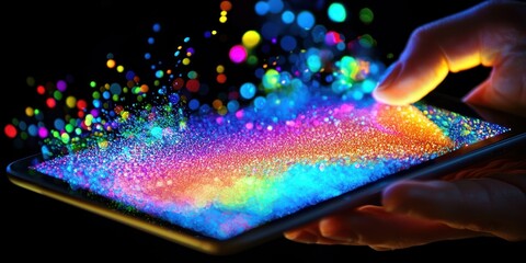 Tablet held at an angle displaying colorful evaluation graphics Stock photo