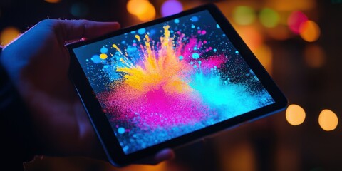 Tablet held at an angle displaying colorful evaluation graphics Stock photo