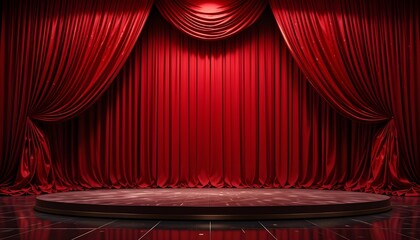 Elegant Red Velvet Theater Curtains Framing a Spotlighted Circular Stage
