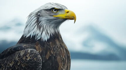 Obraz premium Majestic eagle with striking features, showcasing its sharp beak and intense gaze against blurred mountainous background. This powerful bird symbolizes freedom and strength