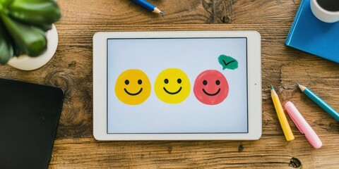 Tablet in meeting showing satisfaction rate spikes Stock photo
