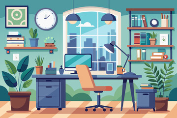 High-end modern office meeting room with floor-to-ceiling glass windows offering a panoramic city skyline view. The stylish interior features a large wooden conference table, contemporary leather chai