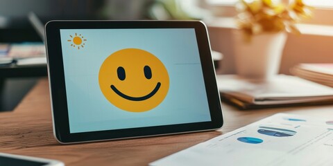 Tablet interface showing smiley face scale with analytics Stock photo