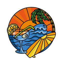 Surfboard with Cocktail – Minimalist Beach Scene, Transparent Background