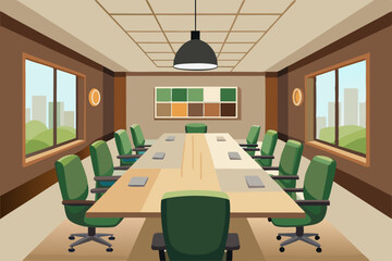 High-end modern office meeting room with floor-to-ceiling glass windows offering a panoramic city skyline view. The stylish interior features a large wooden conference table, contemporary leather chai