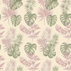 Seamless Botanical Vector Pattern Featuring Hand-Drawn Tropical Leaves in A Soft Pastel Watercolor Style For Wallpapers, Packaging, Textiles, and Surface Design