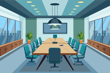 High-end modern office meeting room with floor-to-ceiling glass windows offering a panoramic city skyline view. The stylish interior features a large wooden conference table, contemporary leather chai