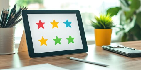 Tablet on modern desk displaying evaluation scores Stock photo