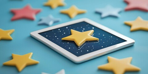 Tablet rating screen surrounded by floating icons Stock photo