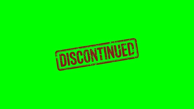Animated "Discontinued" red rubber stamp on a green screen chroma key background for marking products, services, or items that are no longer available