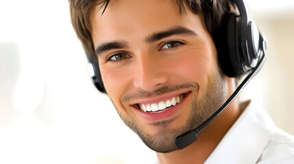 Smiling young man with a beard, wearing a headset, portrays confidence in a bright call center environment.