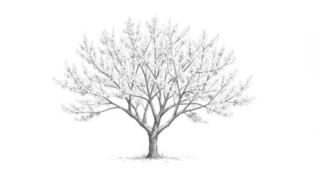 Fototapeta premium Blooming Tree in Pencil Sketch - Detailed pencil sketch of a tree in full bloom, isolated on a white background. Perfect for nature-themed projects