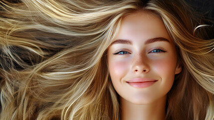Naklejka premium A joyful young girl with long, flowing blonde hair and bright blue eyes smiles warmly, exuding happiness and vitality.