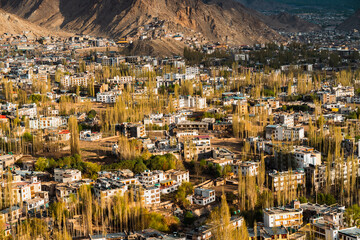 Panoramic view of Leh city in Ladakh, India, nestled in Himalayan mountains, dramatic brown ridges,...