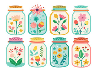 Floral Glass Craft Jar bundle Vector Illustrations 
