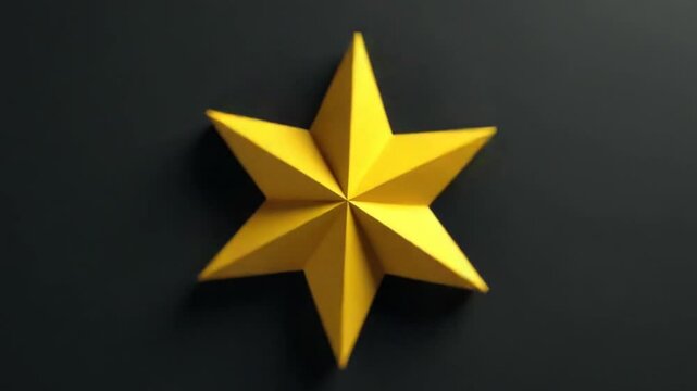 Yellow slim spin octagonal star simple flat geometric on dark grey black background loop.