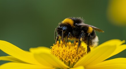 Bumblebee on Yellow Flower - A macro photograph showcasing a bumblebee diligently collecting pollen from a vibrant yellow flower. Symbolizing nature, pollination, life cycle, growth, and beauty