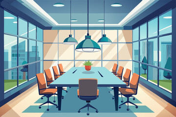 High-end modern office meeting room with floor-to-ceiling glass windows offering a panoramic city skyline view. The stylish interior features a large wooden conference table, contemporary leather chai