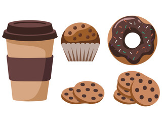 Pastry and coffee collection isolated vector illustration