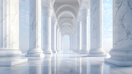 Obraz premium Majestic marble columns create an ethereal passageway, bathed in soft light and complemented by a serene blue sky.
