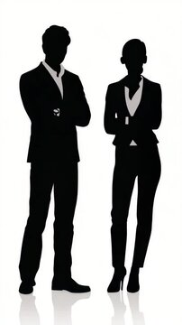 Set of black vector silhouettes of male and female businesspeople standing side by side, isolated on a white vertical background. Designed for use in UI mockups, explainer videos