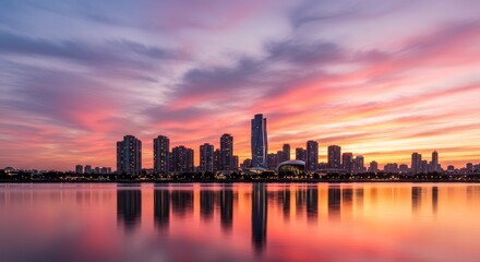 Fototapeta premium City Skyline at Sunset Reflection - Stunning cityscape at sunset, reflected in calm water. Vibrant colors paint the sky