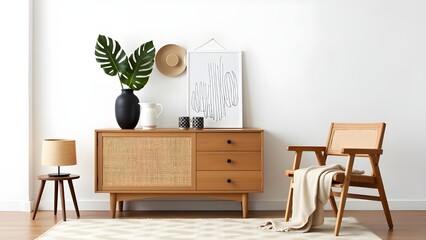 Stylish scandinavian living room interior of modern apartment with wooden commode, design armchair, carpet, leaf in vase, table lamp and personal accessories in unique home decor. Template.