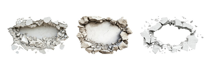 Three Cracked Wall Holes Set. Construction And Demolition Concept Collection Isolated On Transparent Background